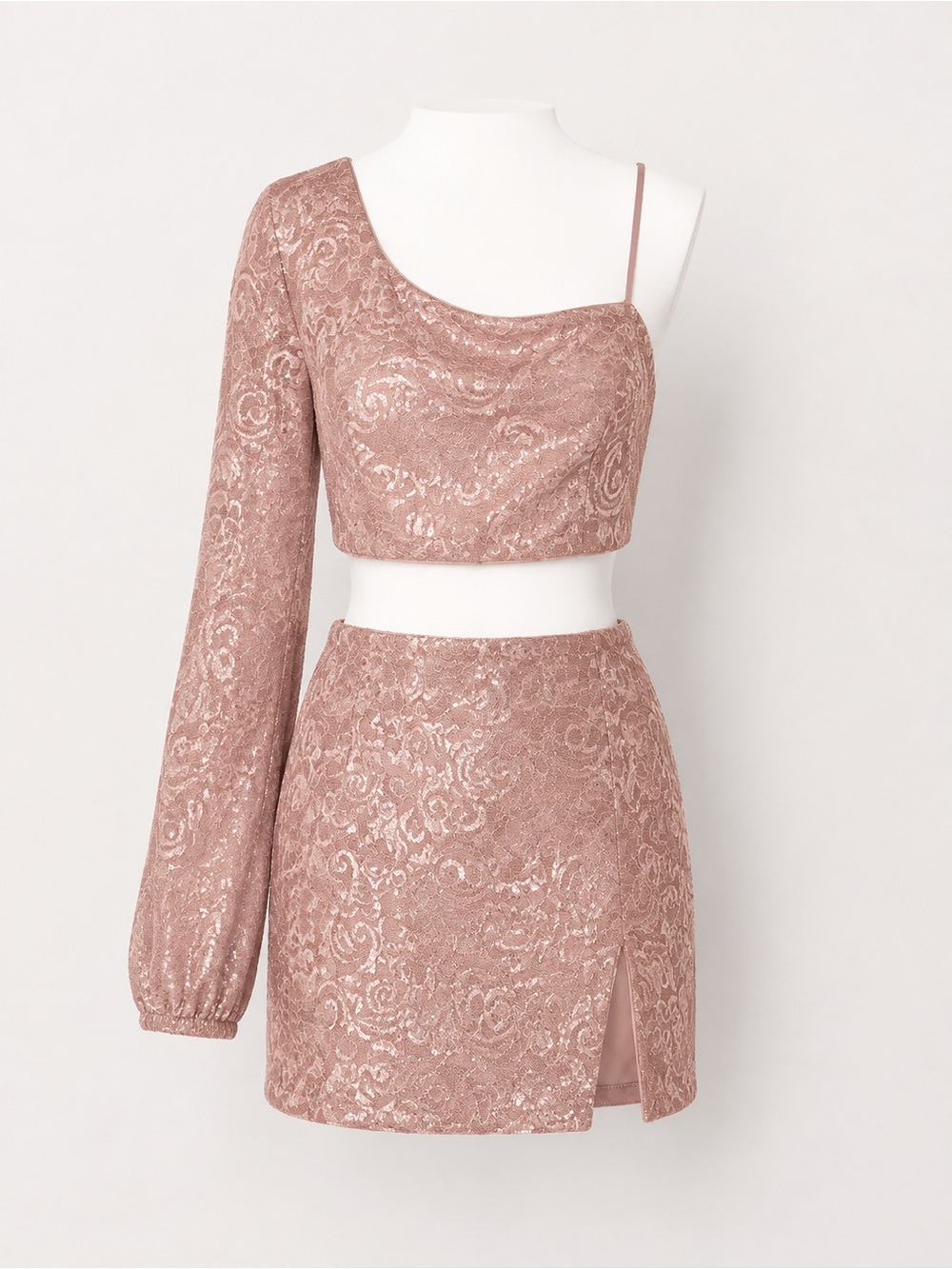 Asymmetric Rose Gold Lace Mini Skirt